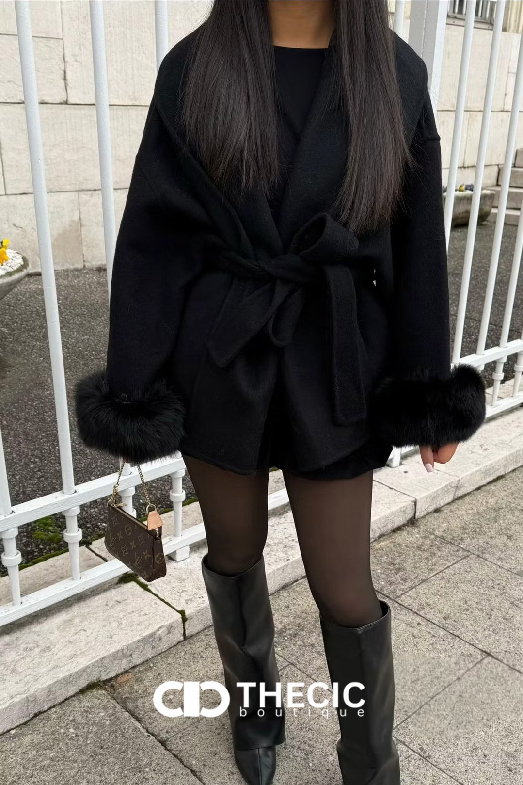 Faux Fur Cuff Tie-Waist Wrap Coat