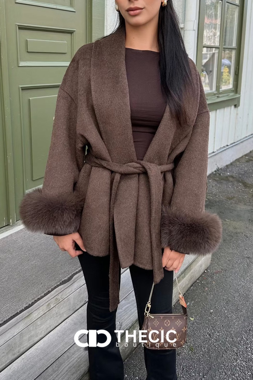 Faux Fur Cuff Tie-Waist Wrap Coat