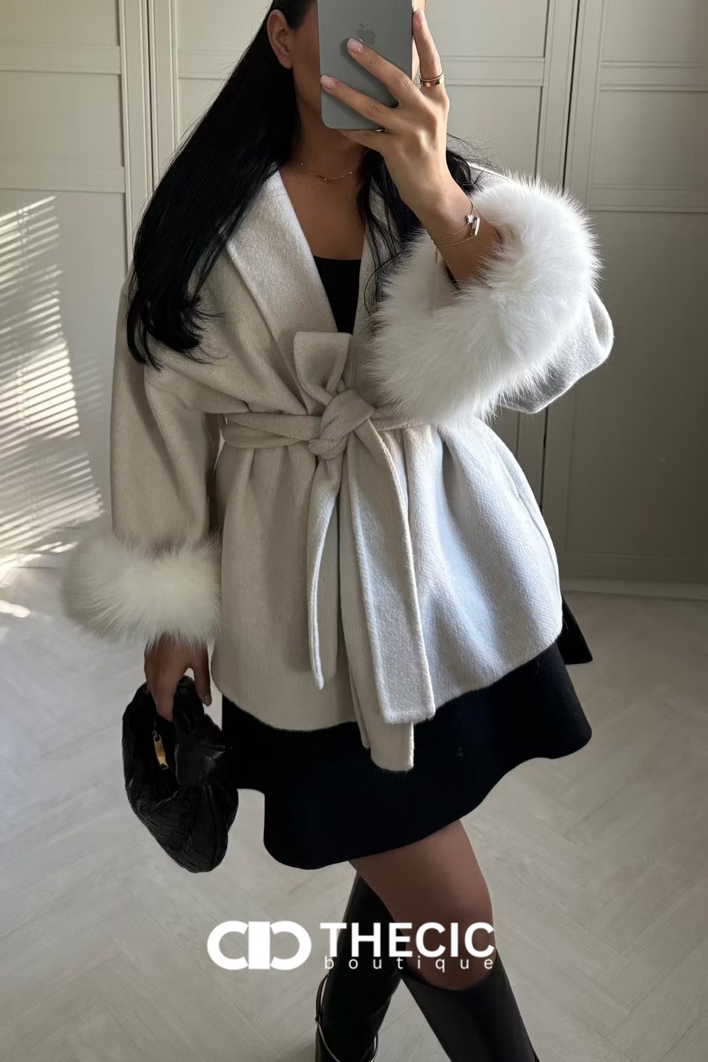 Faux Fur Cuff Tie-Waist Wrap Coat