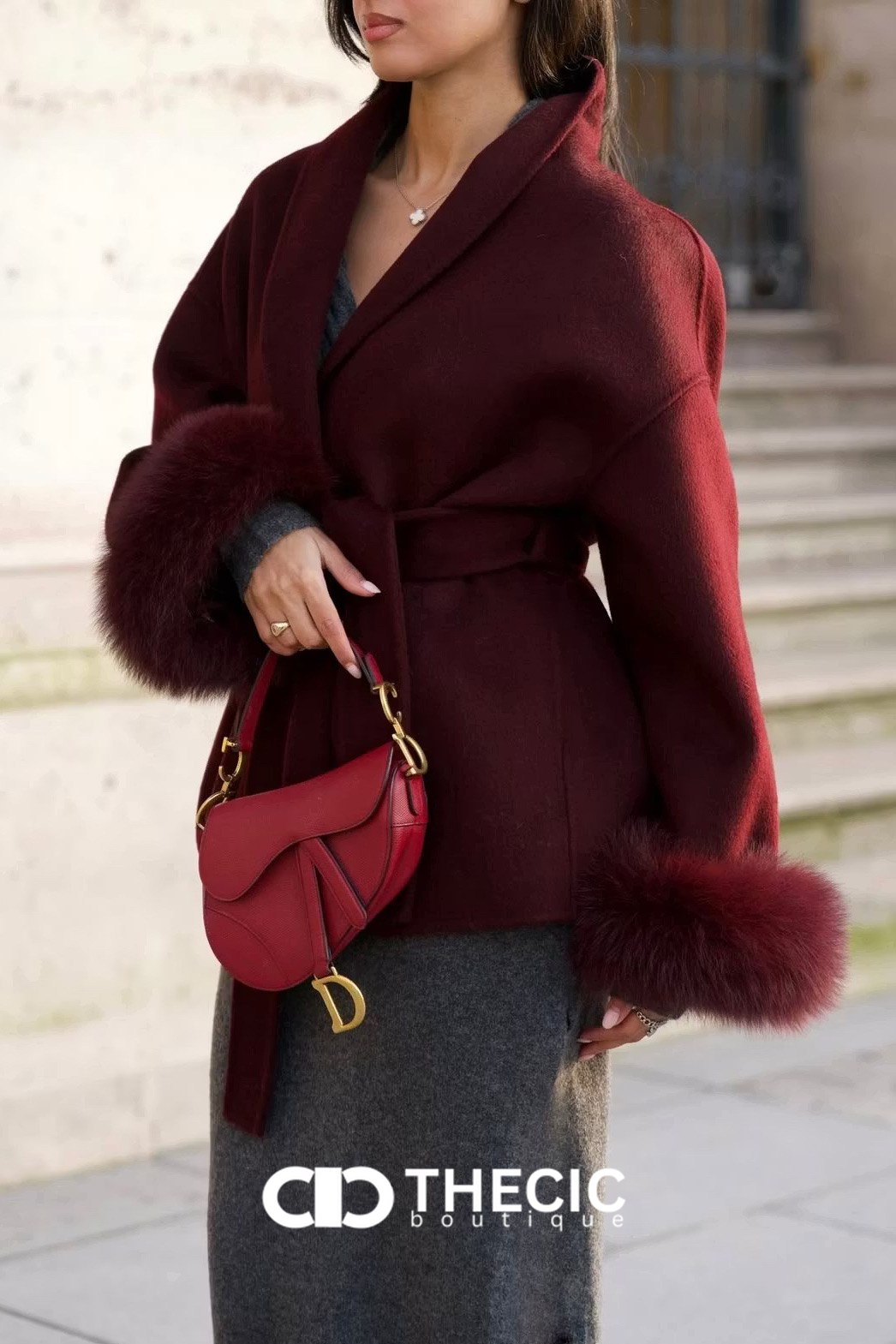 Faux Fur Cuff Tie-Waist Wrap Coat