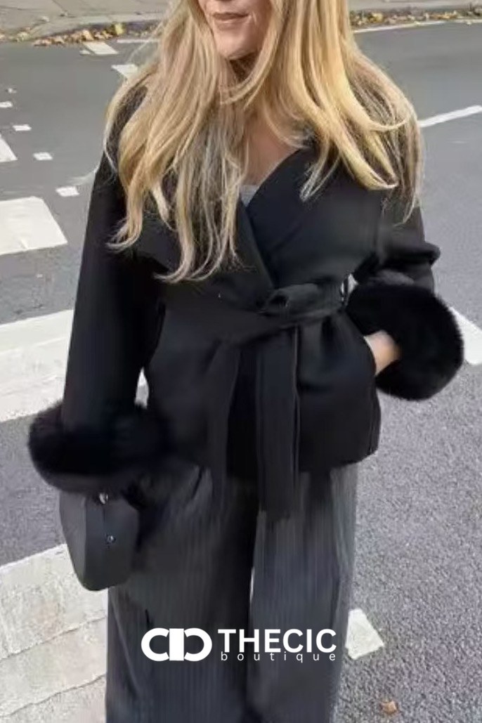 Faux Fur Cuff Tie-Waist Wrap Coat