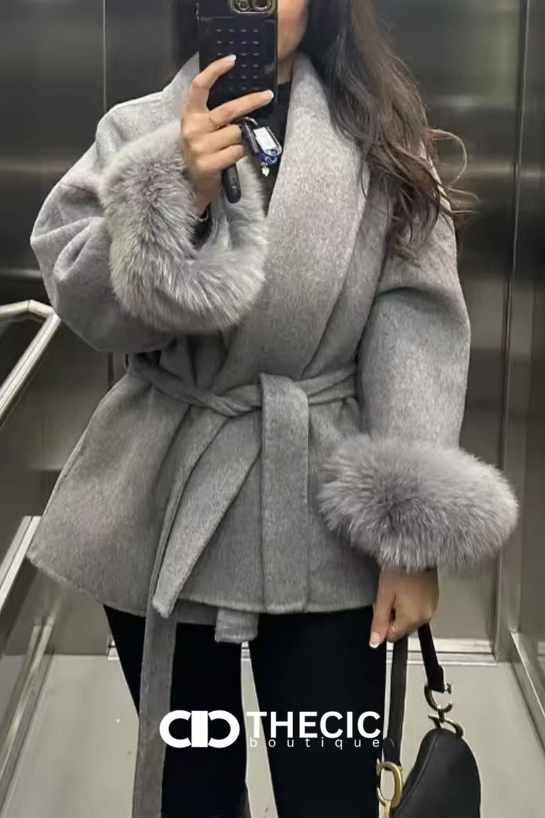 Faux Fur Cuff Tie-Waist Wrap Coat