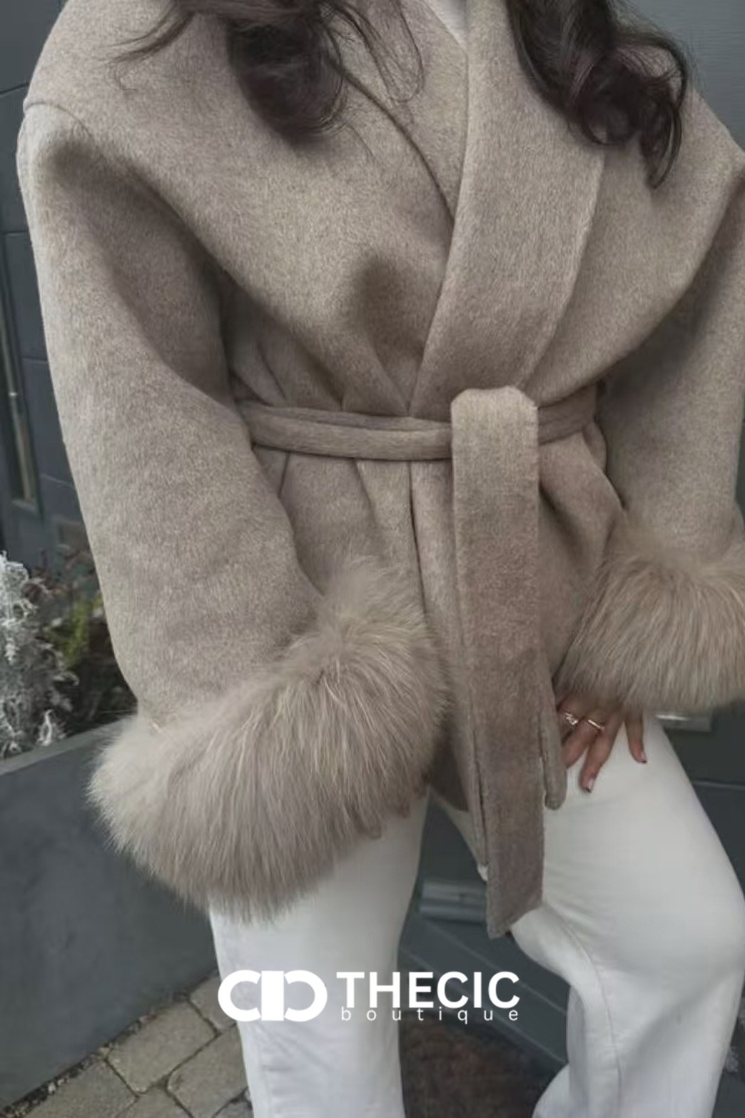 Faux Fur Cuff Tie-Waist Wrap Coat