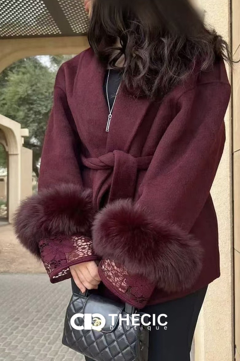 Faux Fur Cuff Tie-Waist Wrap Coat