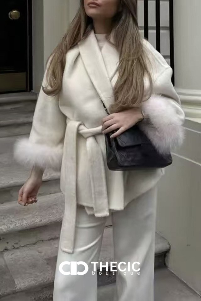 Faux Fur Cuff Tie-Waist Wrap Coat