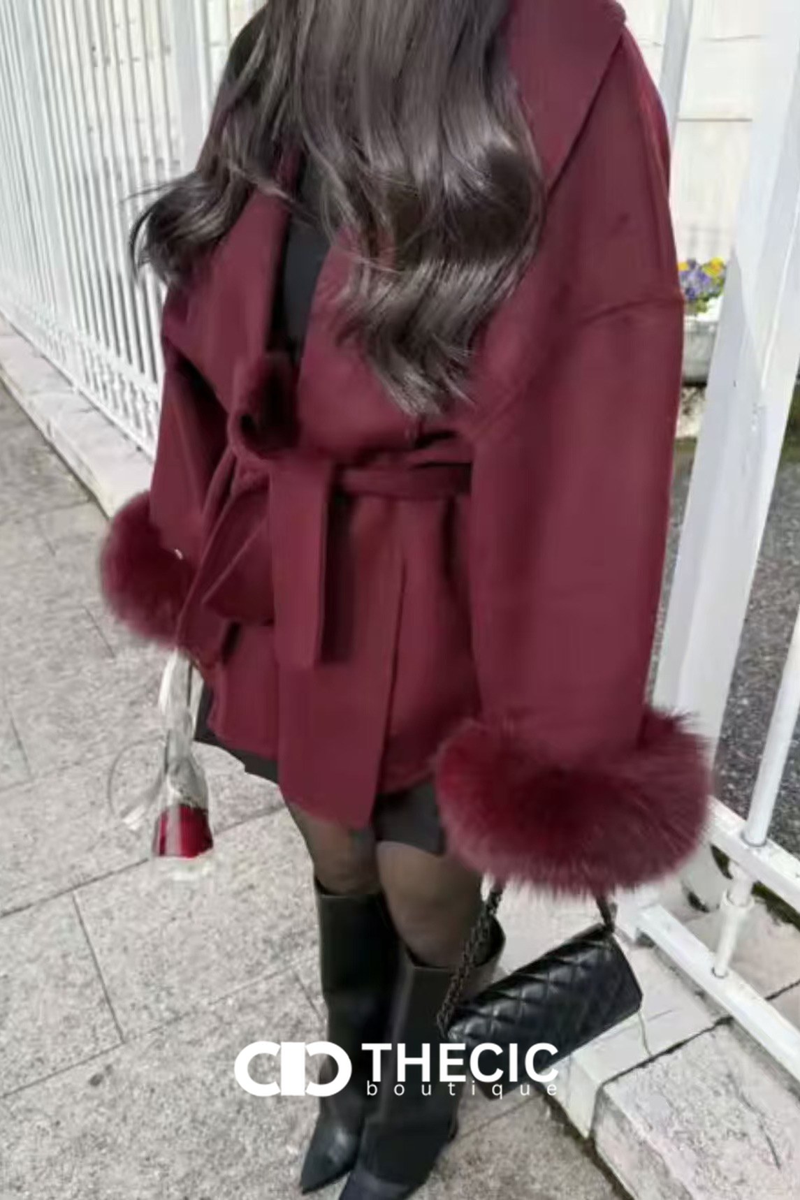 Faux Fur Cuff Tie-Waist Wrap Coat