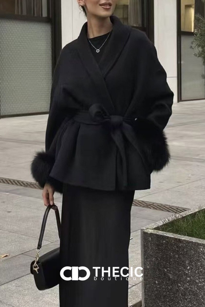 Faux Fur Cuff Tie-Waist Wrap Coat