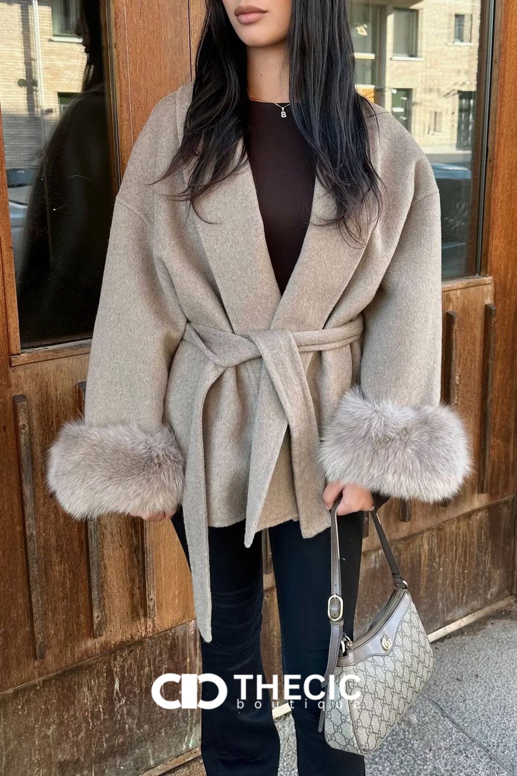 Faux Fur Cuff Tie-Waist Wrap Coat