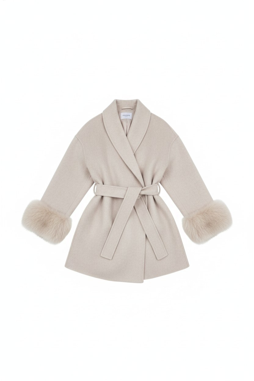 Faux Fur Cuff Tie-Waist Wrap Coat