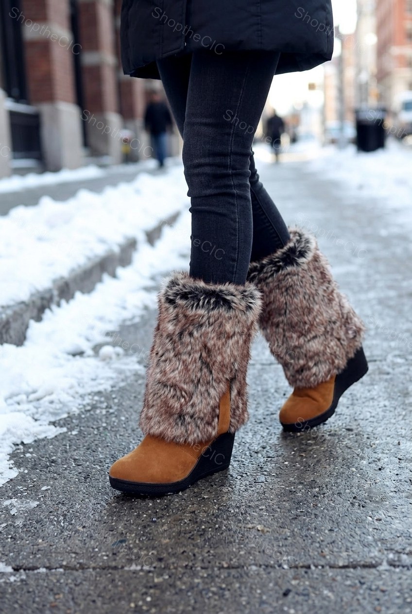 Faux Fur Foldover Suede Wedge Knee-High Boots