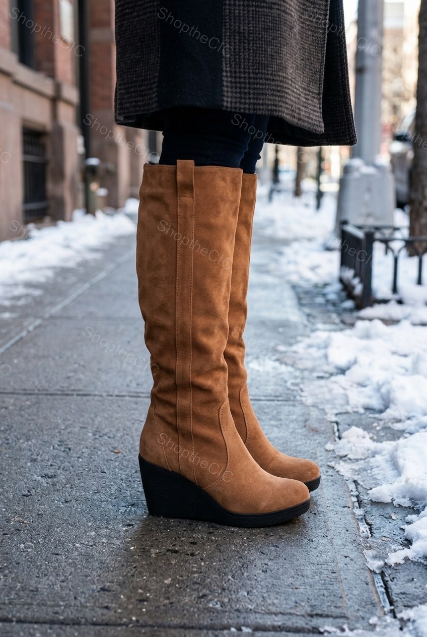 Faux Fur Foldover Suede Wedge Knee-High Boots