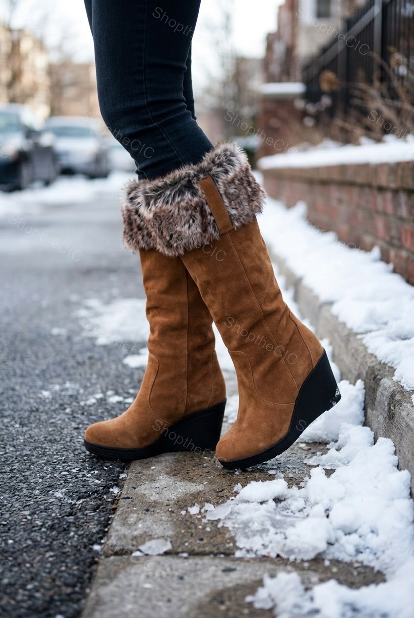 Faux Fur Foldover Suede Wedge Knee-High Boots