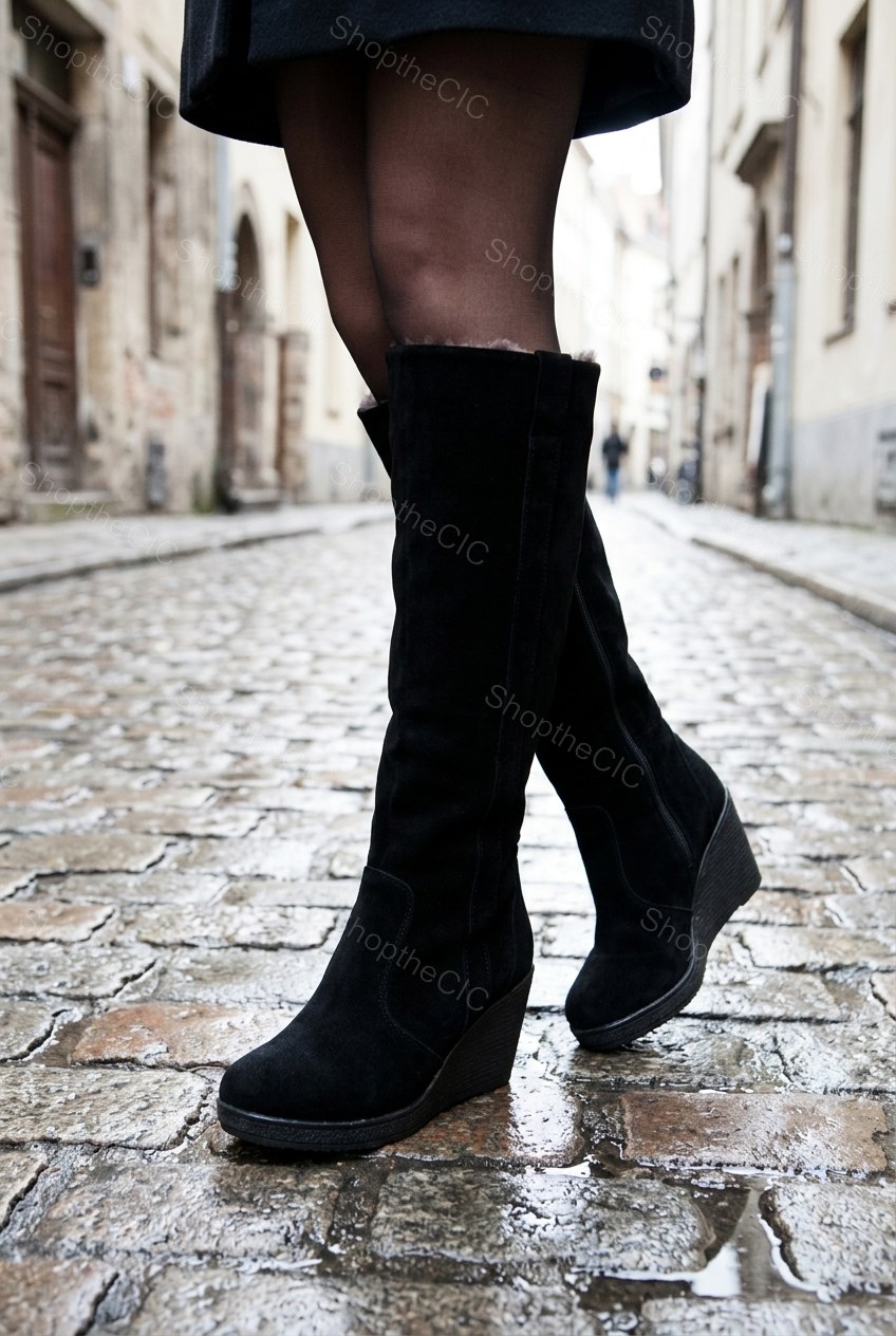 Faux Fur Foldover Suede Wedge Knee-High Boots