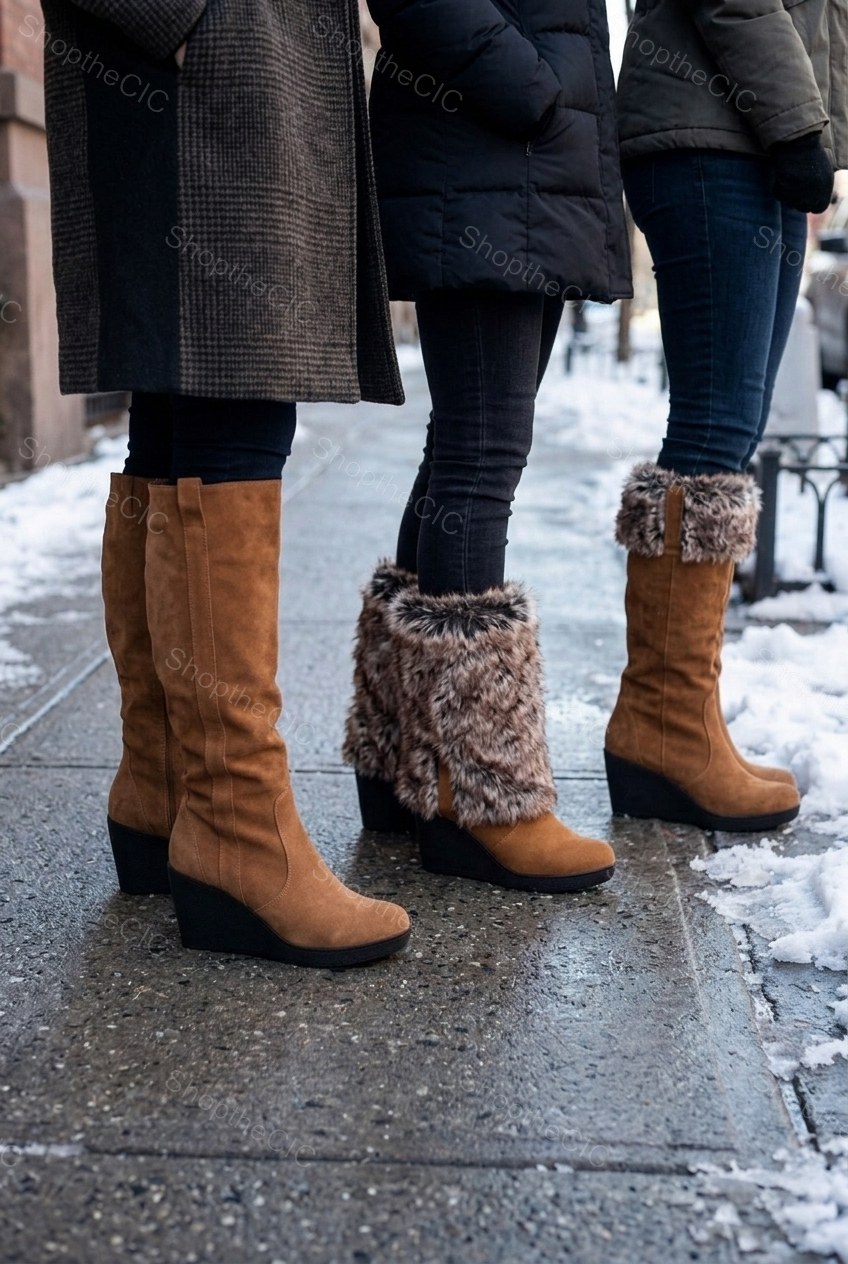 Faux Fur Foldover Suede Wedge Knee-High Boots