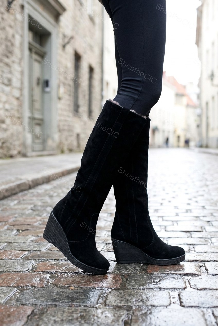 Faux Fur Foldover Suede Wedge Knee-High Boots