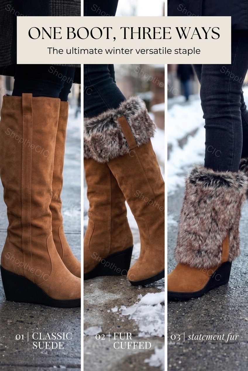 Faux Fur Foldover Suede Wedge Knee-High Boots