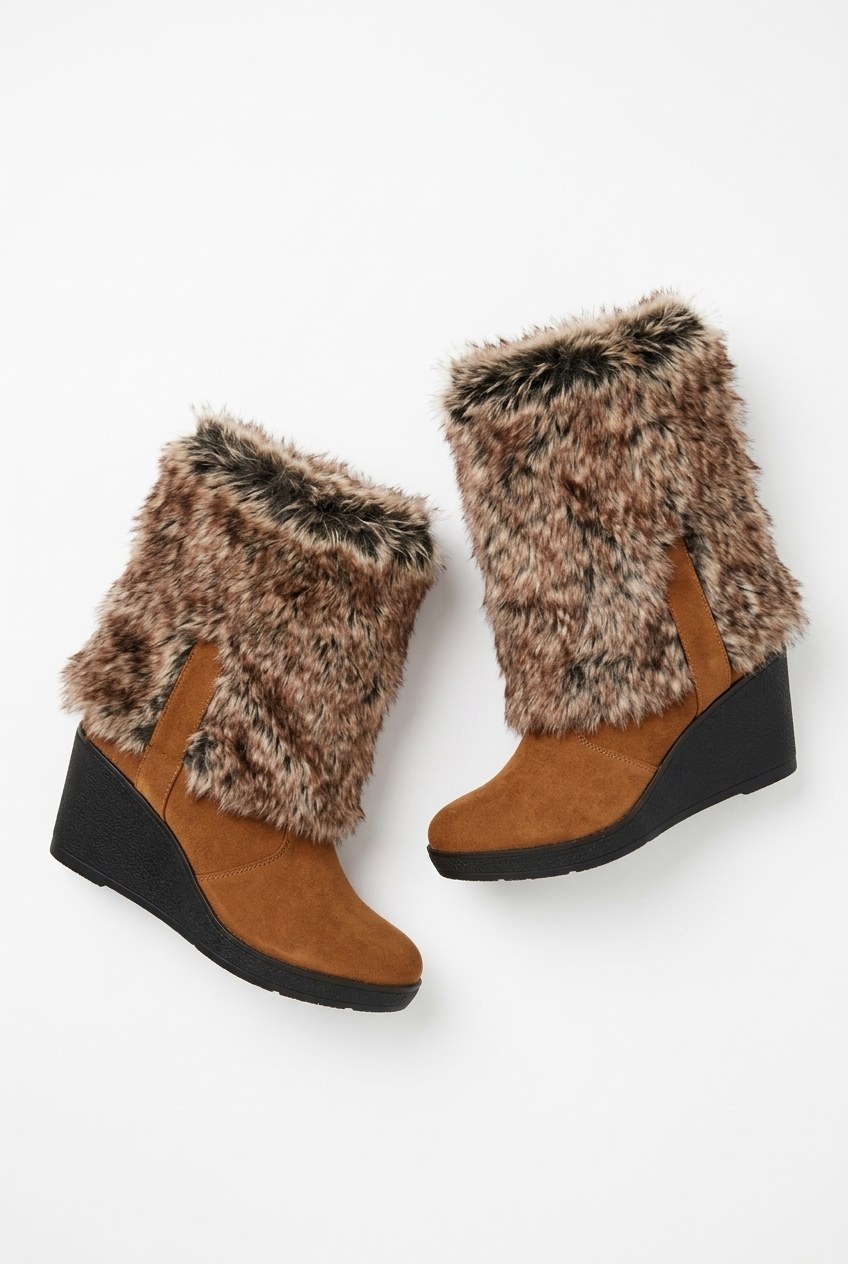 Faux Fur Foldover Suede Wedge Knee-High Boots