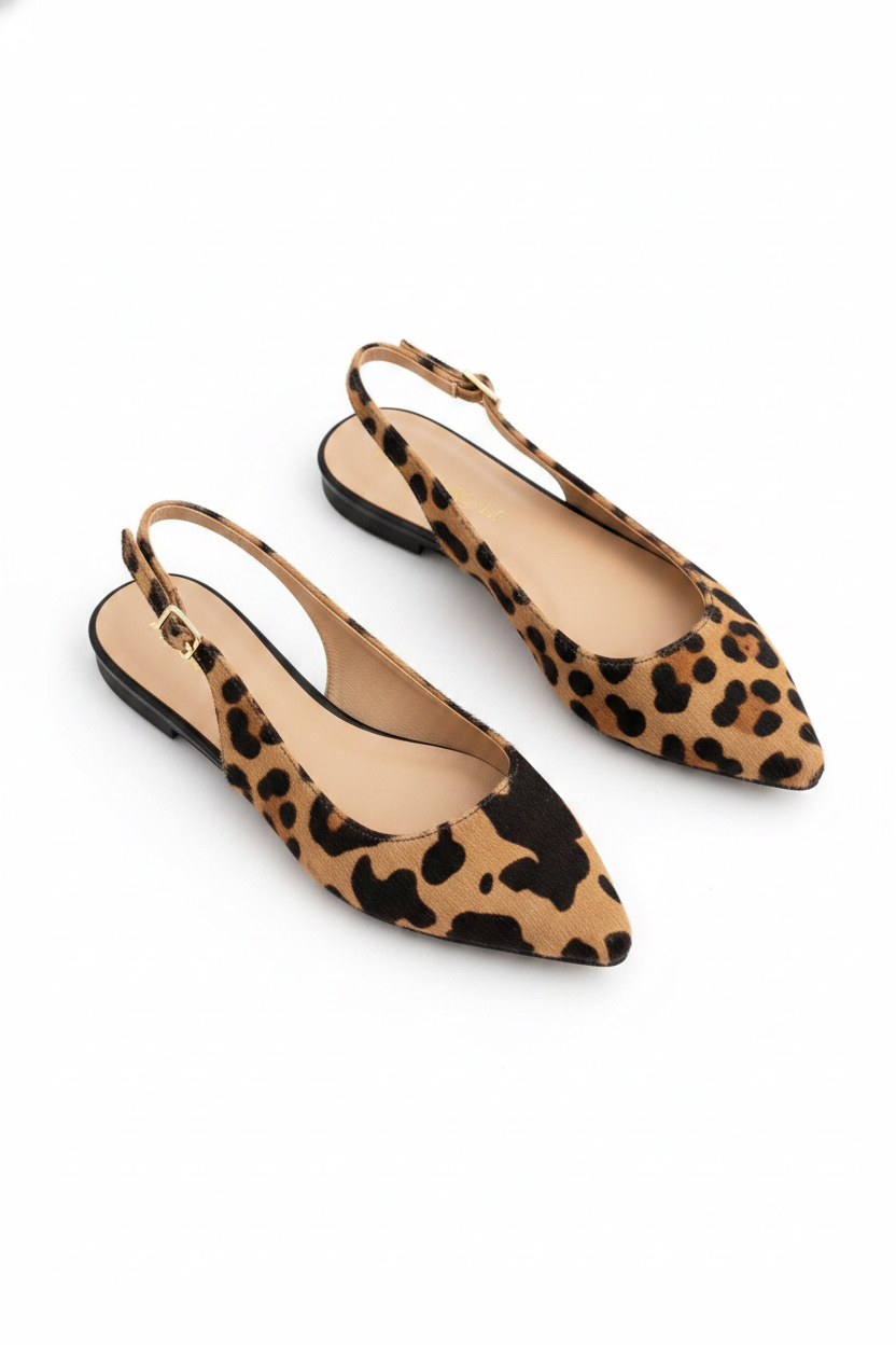 Faux Fur Leopard Print Pointed-Toe Slingback Flats