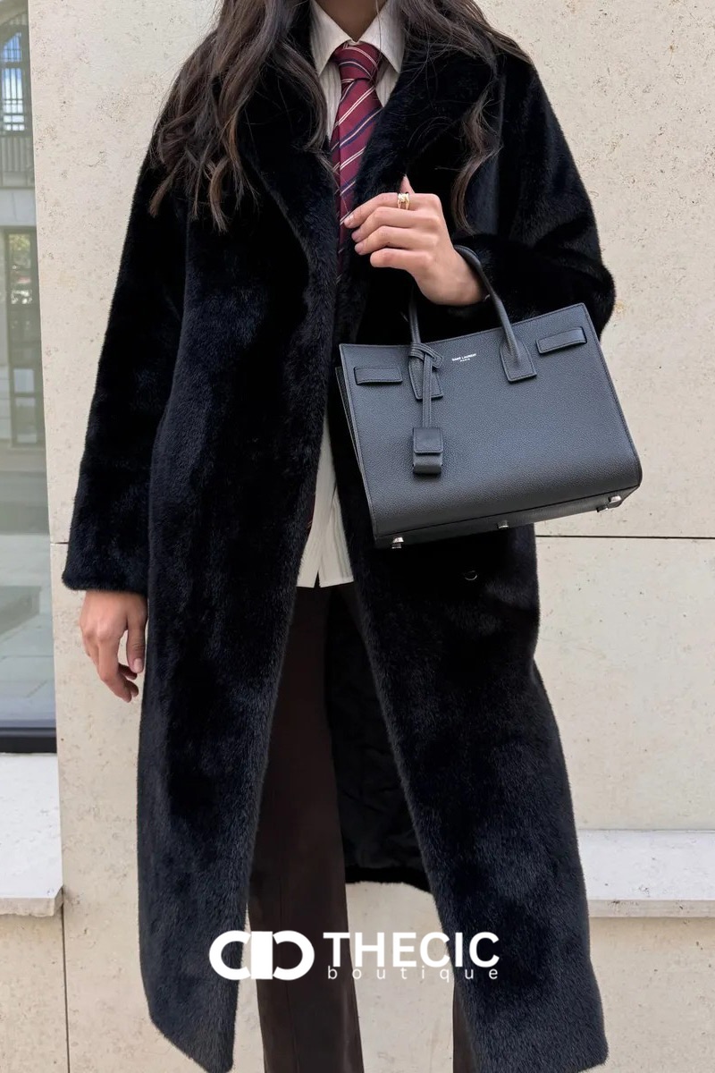 Faux Fur Longline Belted Notched Lapel Coat