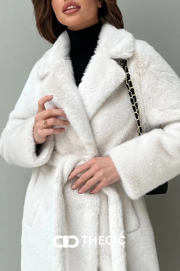 Faux Fur Longline Belted Notched Lapel Coat