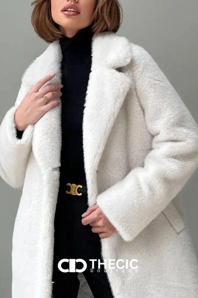 Faux Fur Longline Belted Notched Lapel Coat