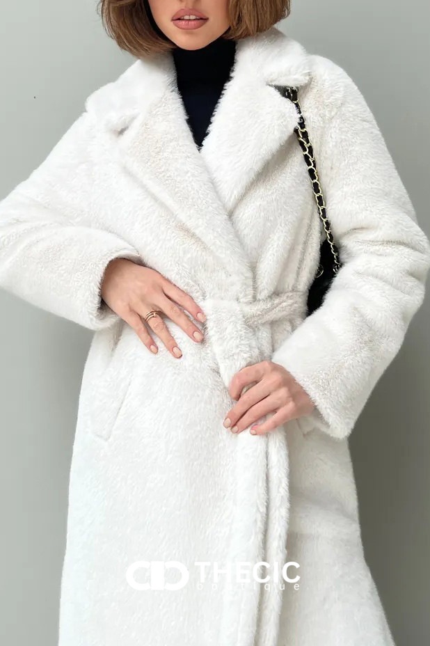 Faux Fur Longline Belted Notched Lapel Coat