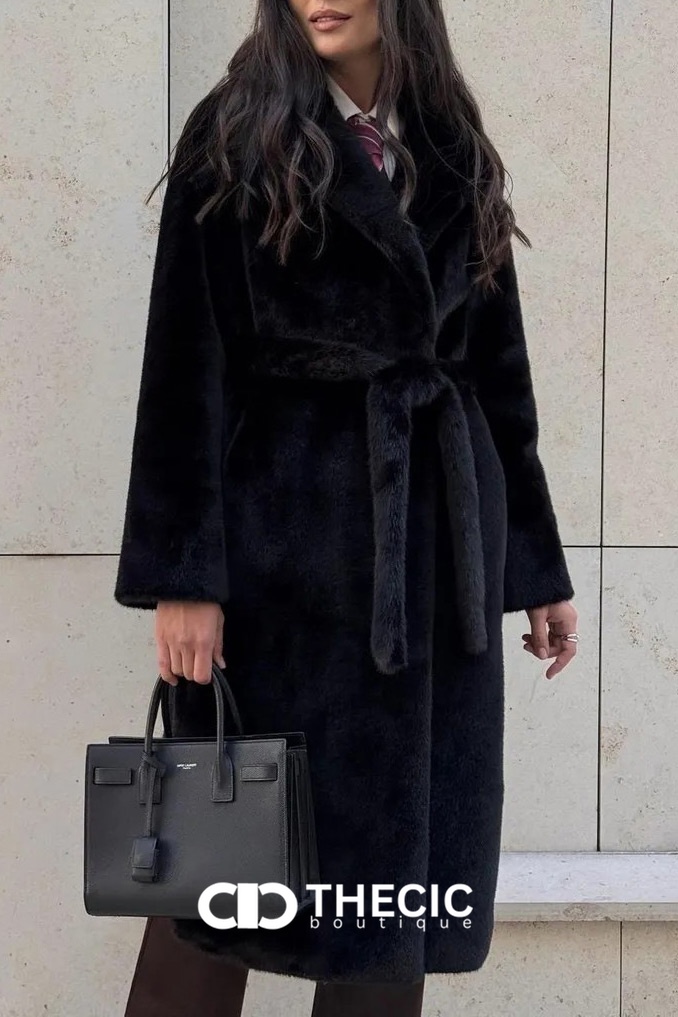 Faux Fur Longline Belted Notched Lapel Coat
