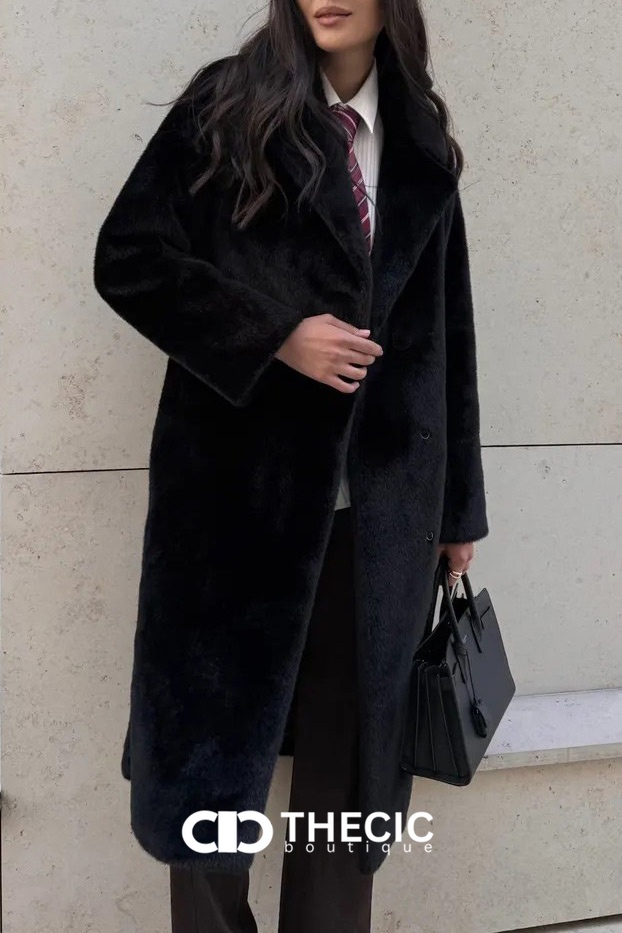 Faux Fur Longline Belted Notched Lapel Coat