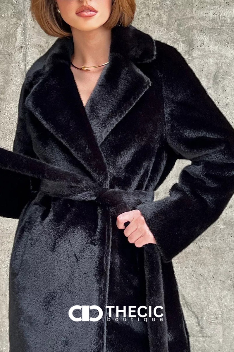 Faux Fur Longline Belted Notched Lapel Coat