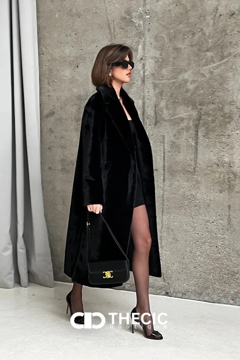 Faux Fur Longline Belted Notched Lapel Coat