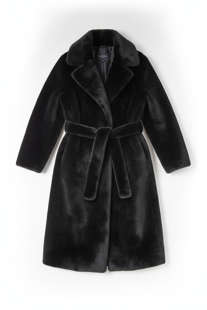 Faux Fur Longline Belted Notched Lapel Coat