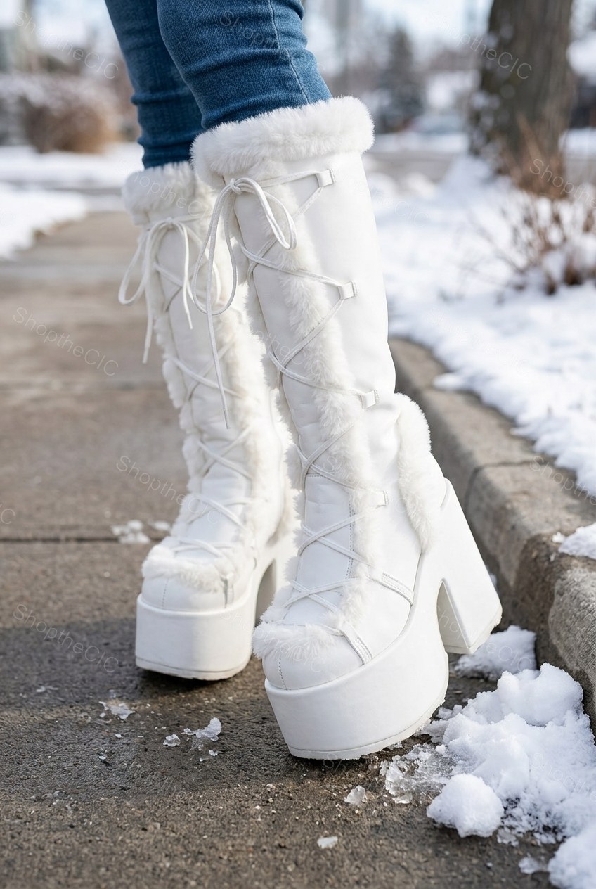 Faux Fur Trim Lace-Up Platform Knee-High Boots