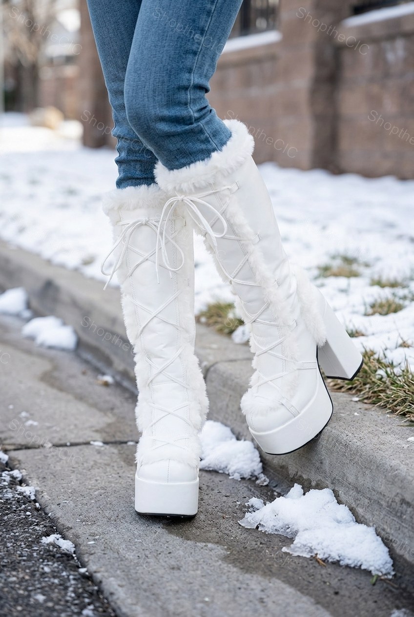 Faux Fur Trim Lace-Up Platform Knee-High Boots