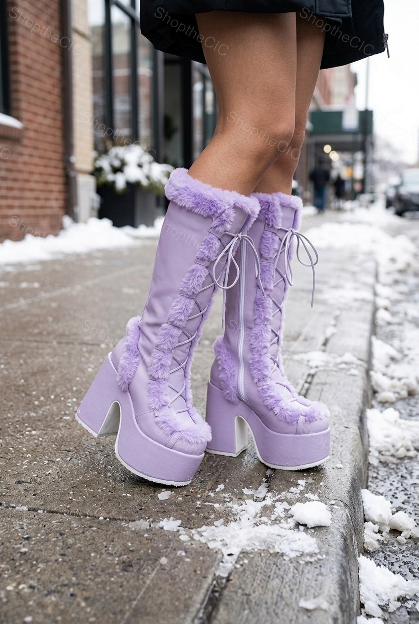Faux Fur Trim Lace-Up Platform Knee-High Boots