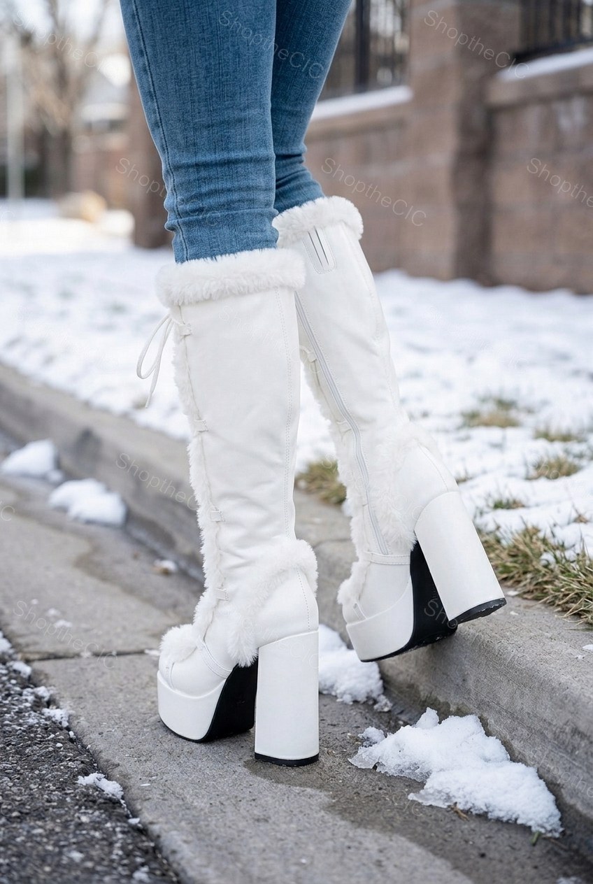 Faux Fur Trim Lace-Up Platform Knee-High Boots