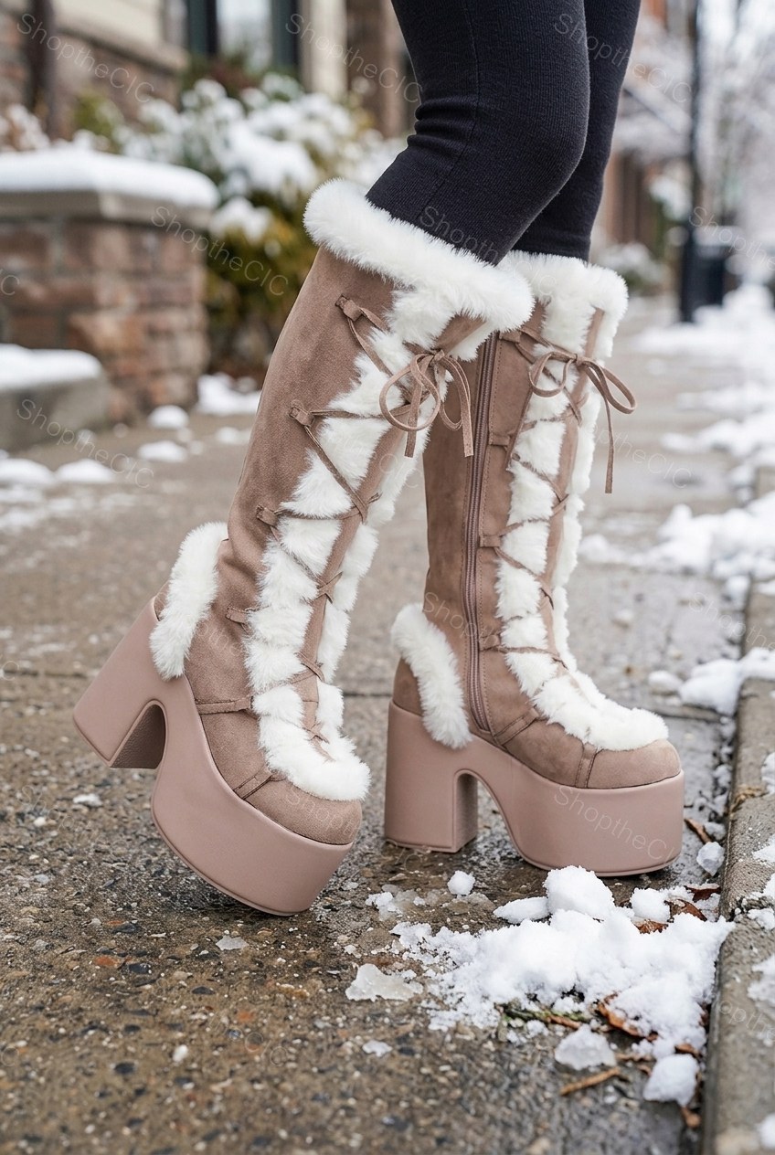 Faux Fur Trim Lace-Up Platform Knee-High Boots