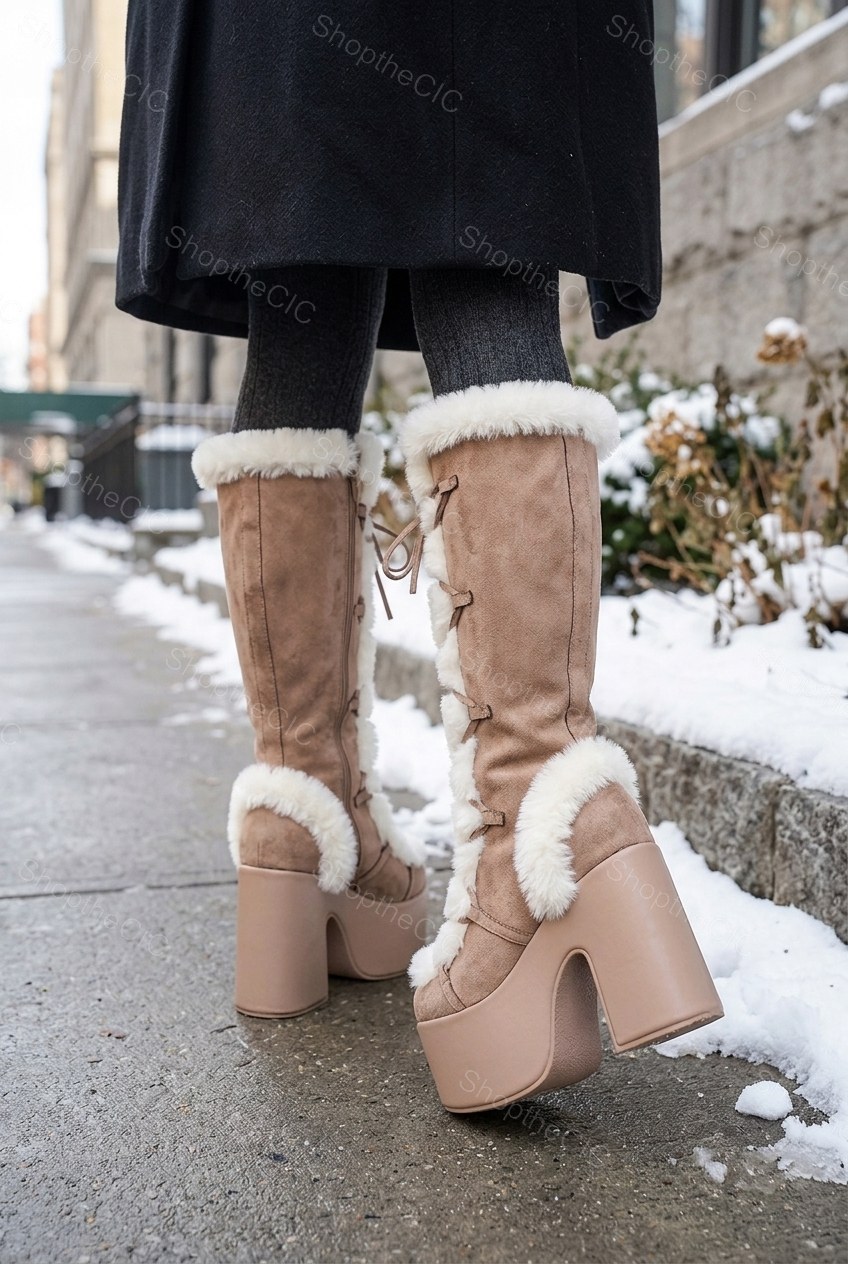 Faux Fur Trim Lace-Up Platform Knee-High Boots