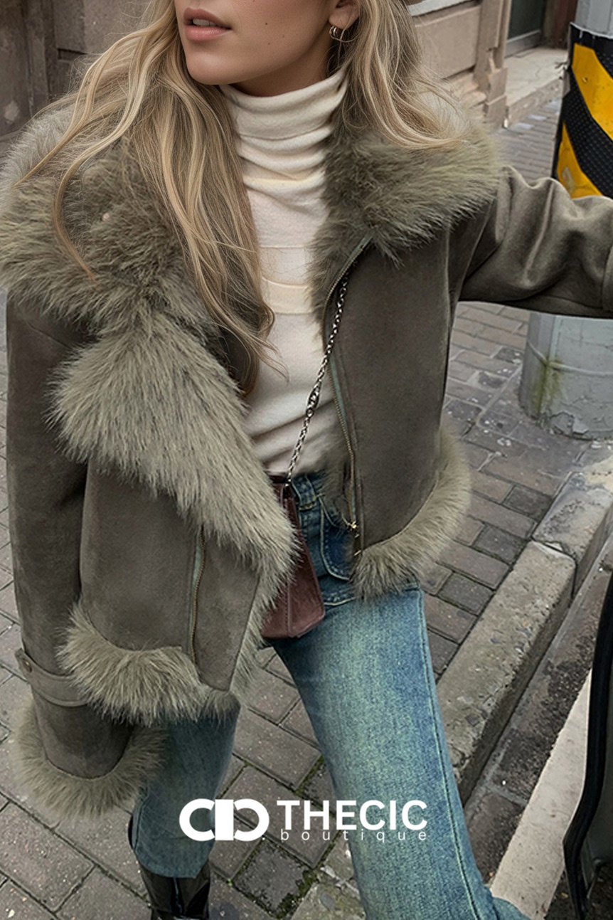 Faux Fur Trim Suede Bomber Jacket