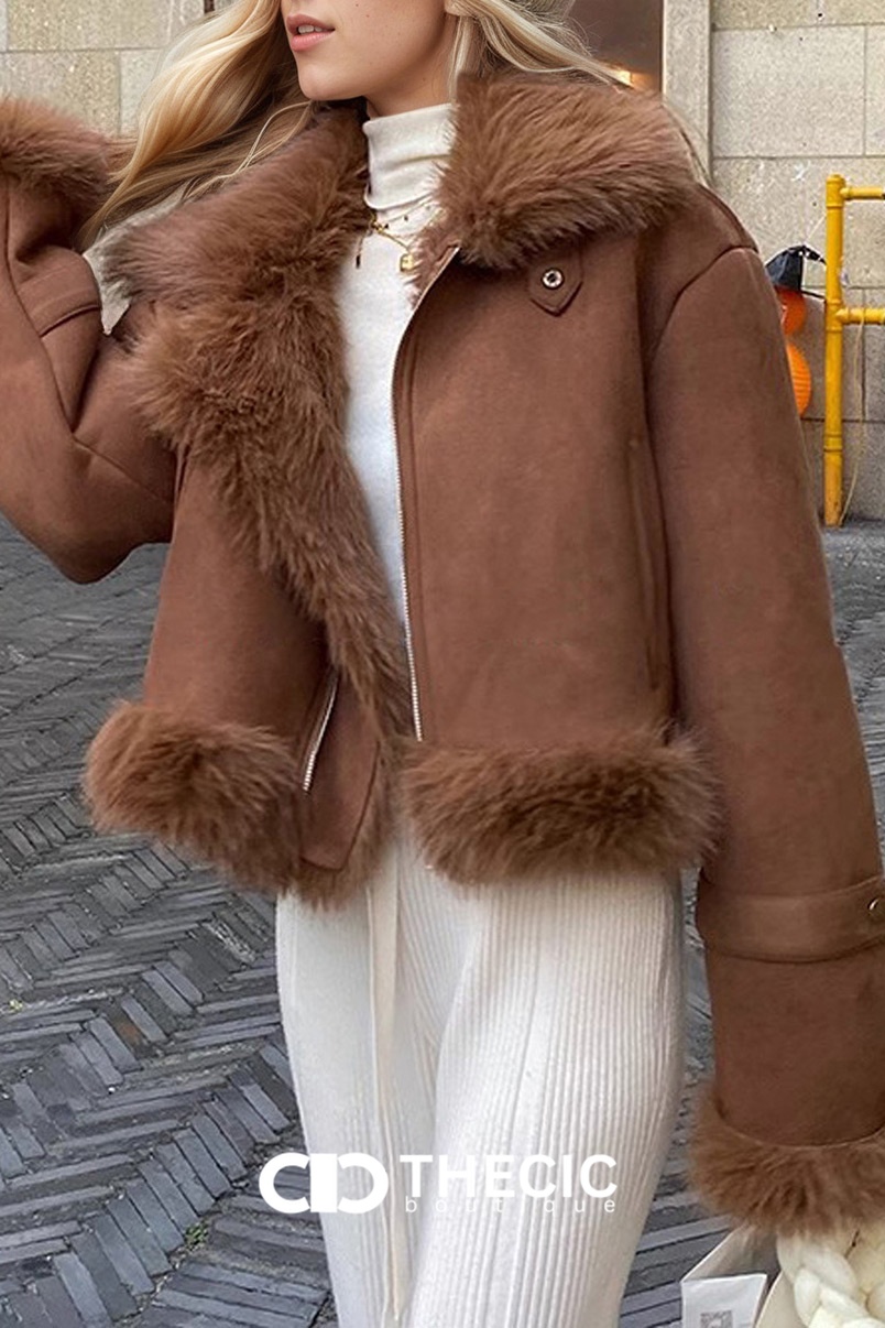 Faux Fur Trim Suede Bomber Jacket