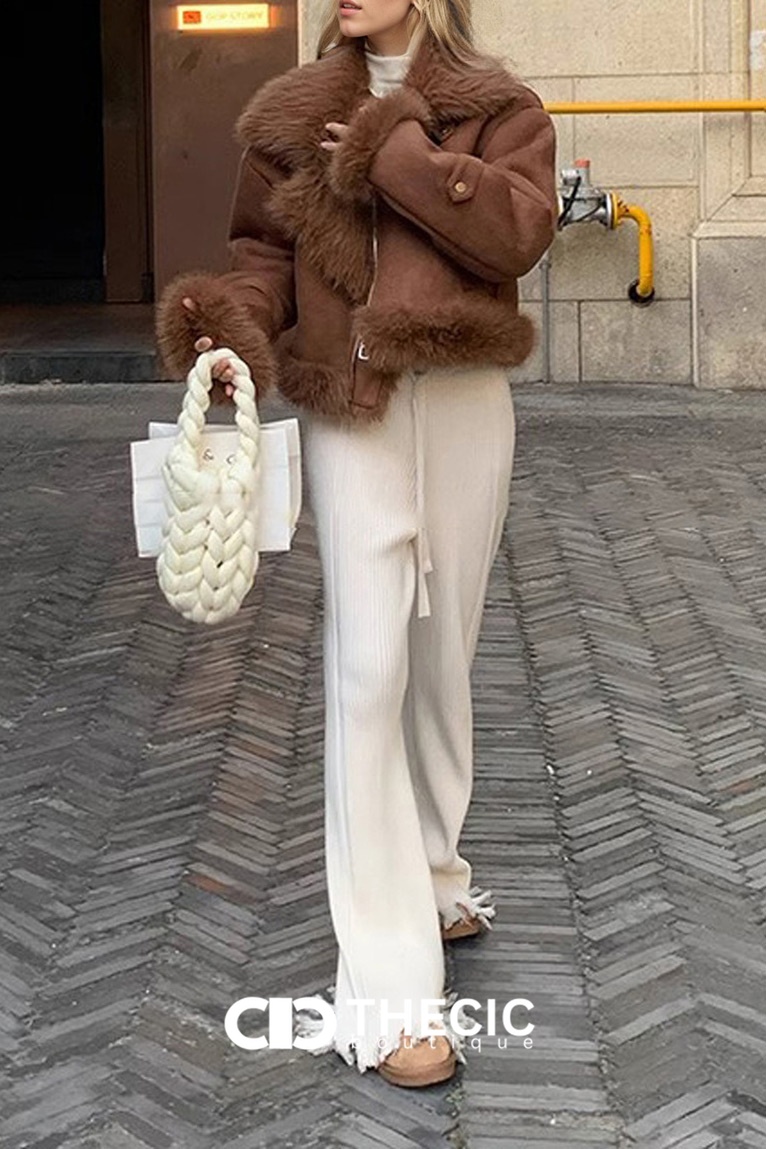 Faux Fur Trim Suede Bomber Jacket