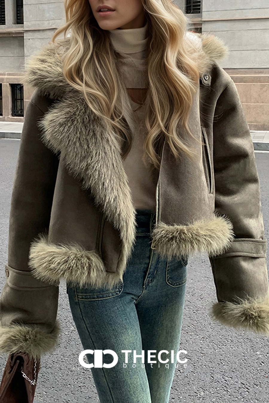 Faux Fur Trim Suede Bomber Jacket