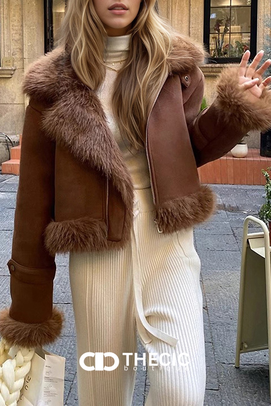 Faux Fur Trim Suede Bomber Jacket