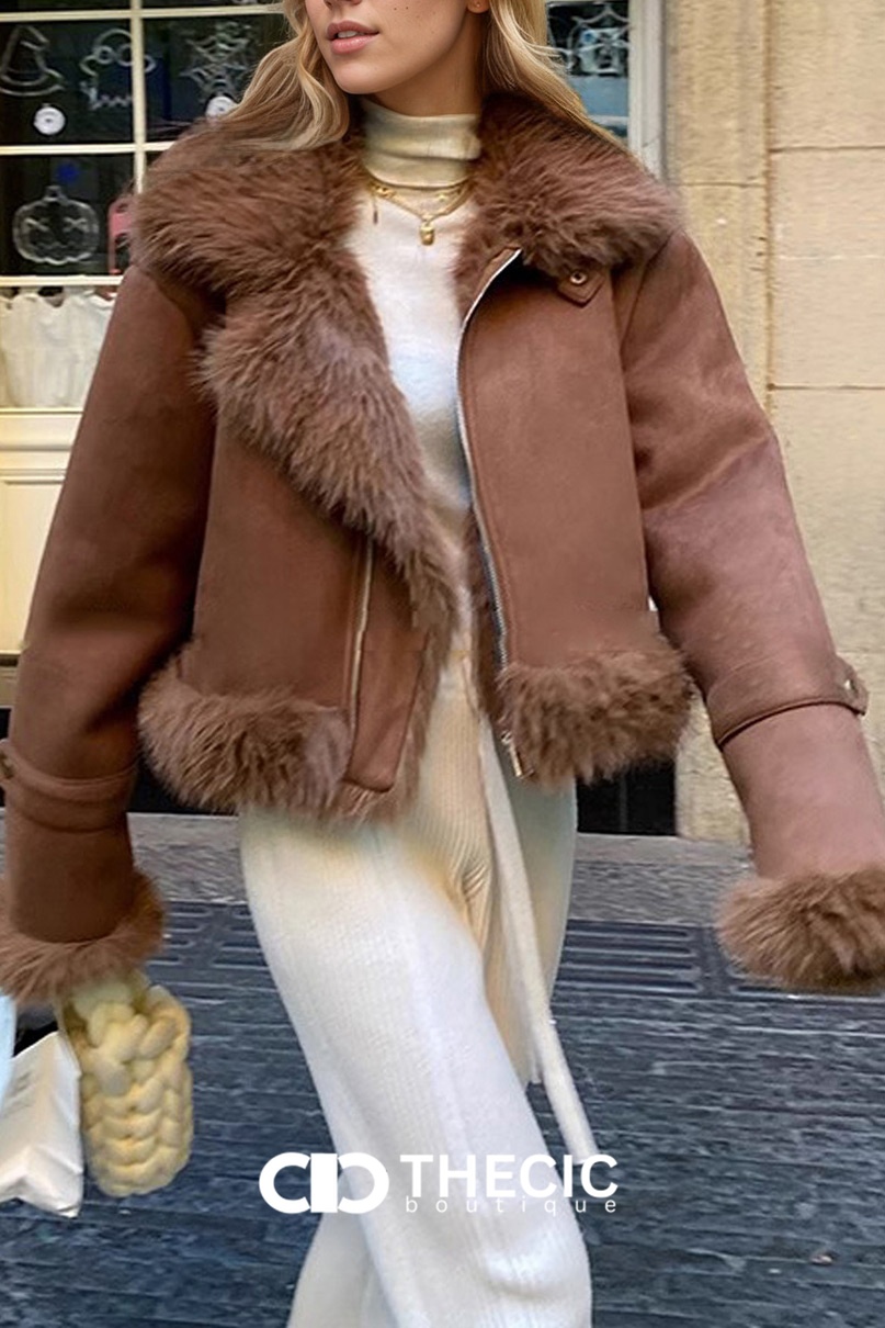 Faux Fur Trim Suede Bomber Jacket