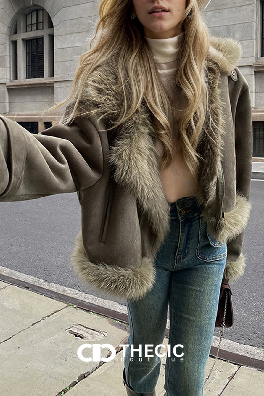 Faux Fur Trim Suede Bomber Jacket
