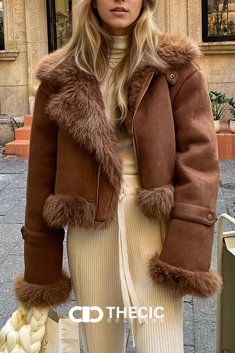 Faux Fur Trim Suede Bomber Jacket