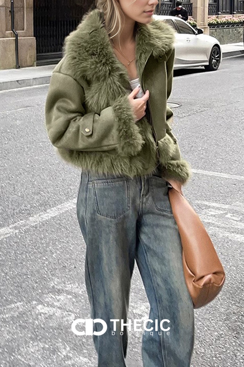 Faux Fur Trimmed Cropped Zipper Jacket