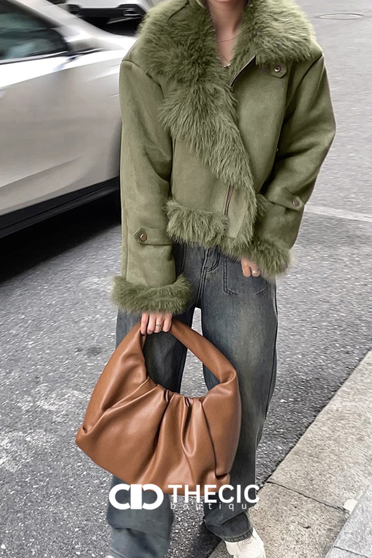 Faux Fur Trimmed Cropped Zipper Jacket