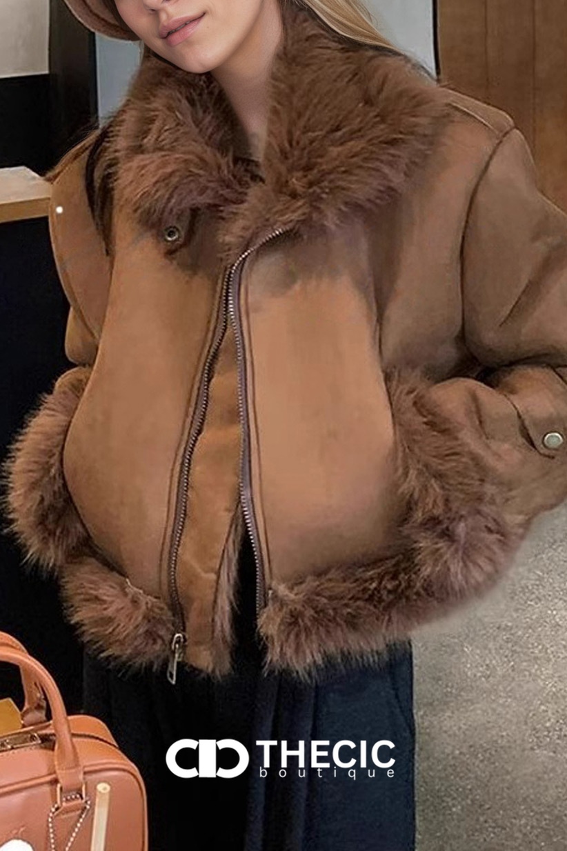 Faux Fur Trimmed Cropped Zipper Jacket