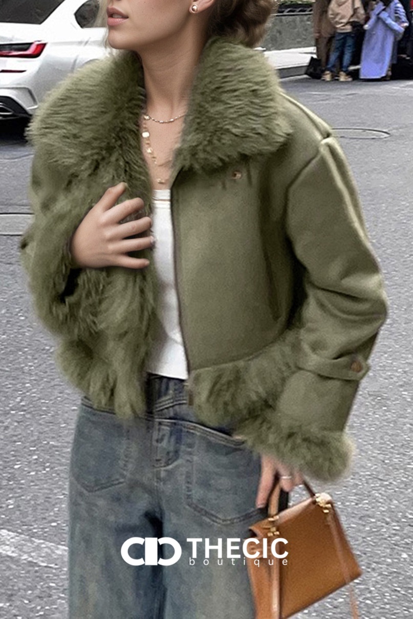 Faux Fur Trimmed Cropped Zipper Jacket