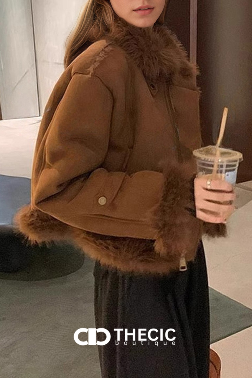 Faux Fur Trimmed Cropped Zipper Jacket